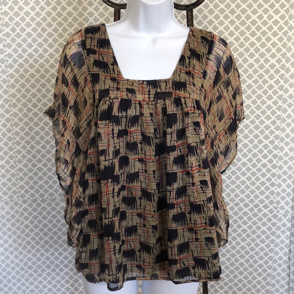 Line & Dot tan navy print silk blouse